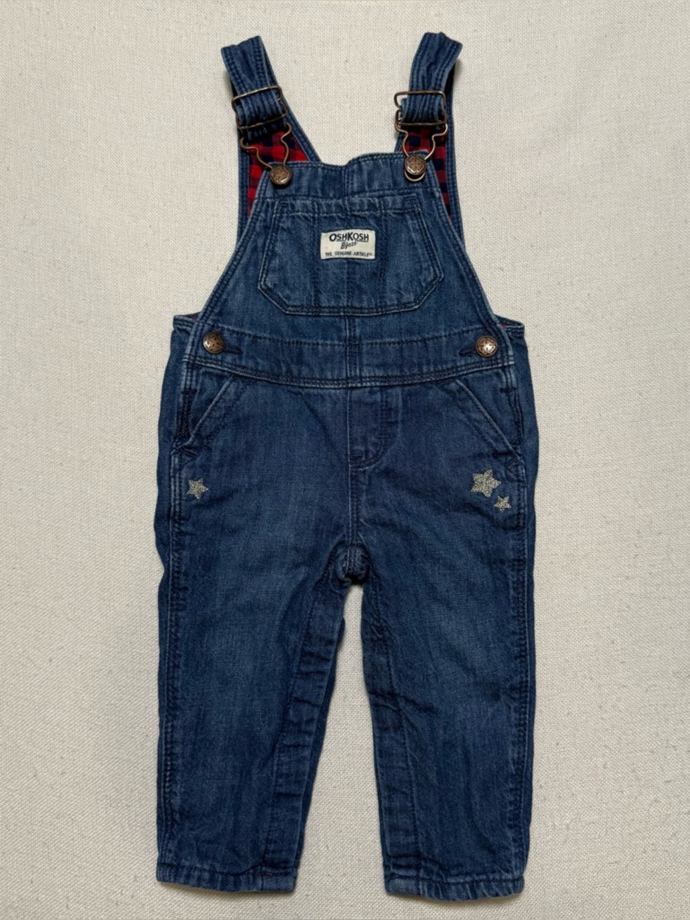 OshKosh B'gosh Plaid Flannel Lined Blue Denim Jean Overalls Star Accents Baby 9M